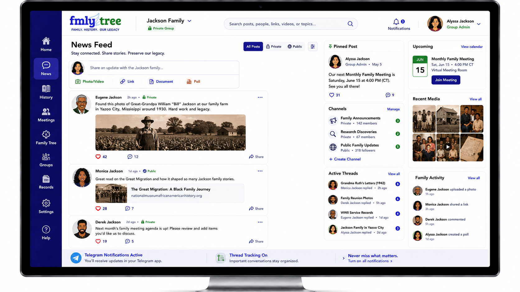 Family group sharing news and links in a social feed