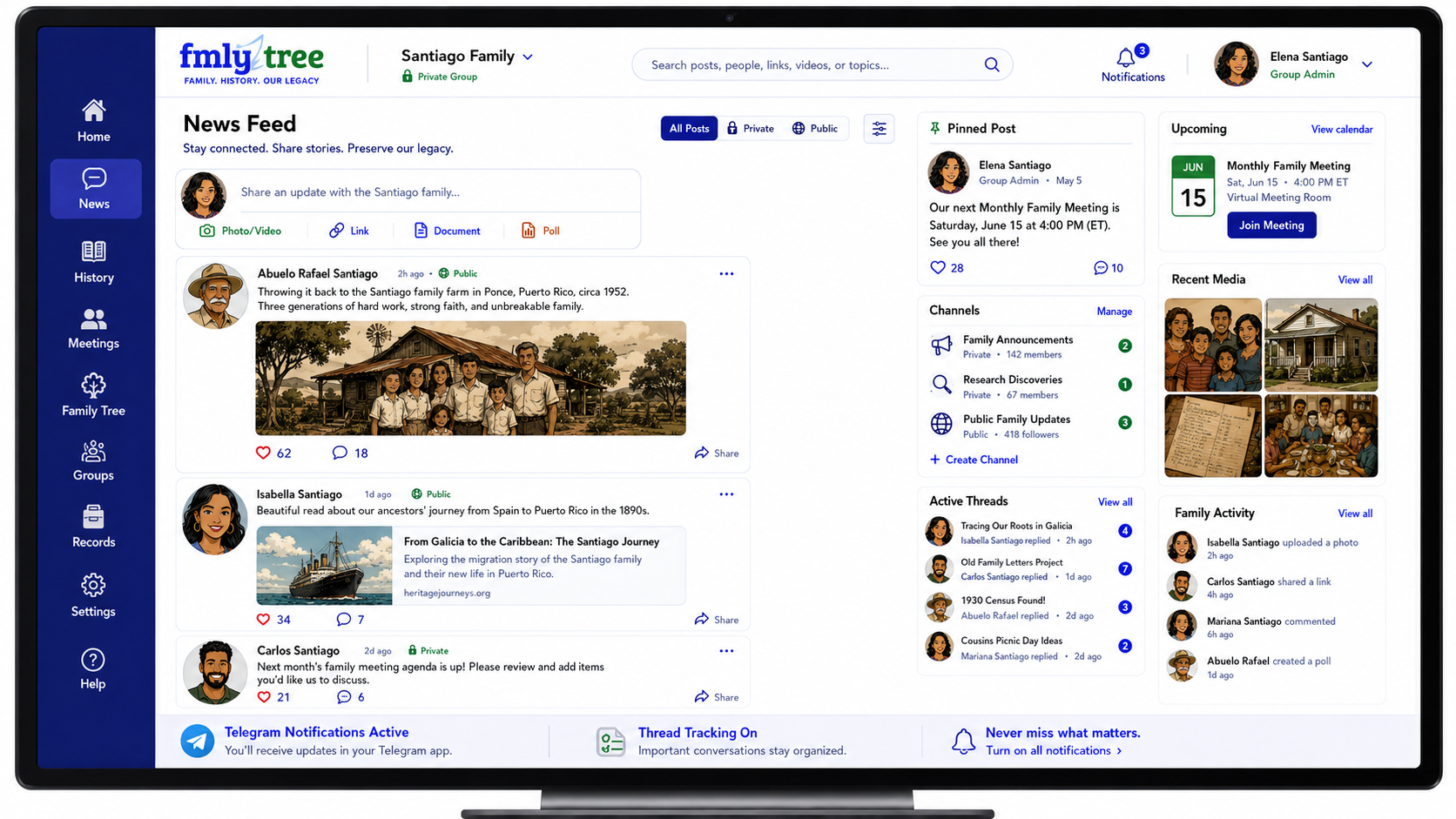 Family group sharing news and links in a social feed